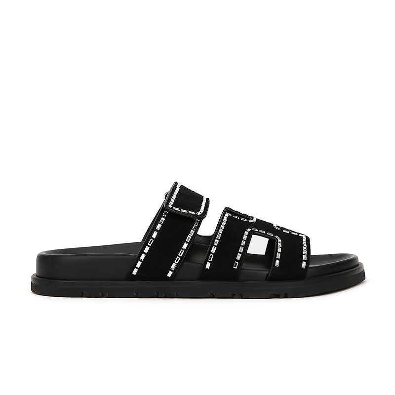 VLOVELAW  Su Cojin Same Super Second Uncle ~ New Color Leather Velcro Thick Bottom H Slippers Women's Sandals for Outer Wear Summer 2025