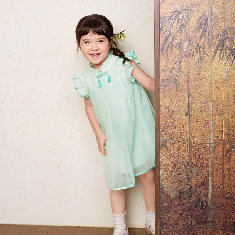 VLOVELAW Girls Dress Baby  Spring and Summer New Children's Mesh National Style Cheongsam and Dress Pure Cotton Princess Style