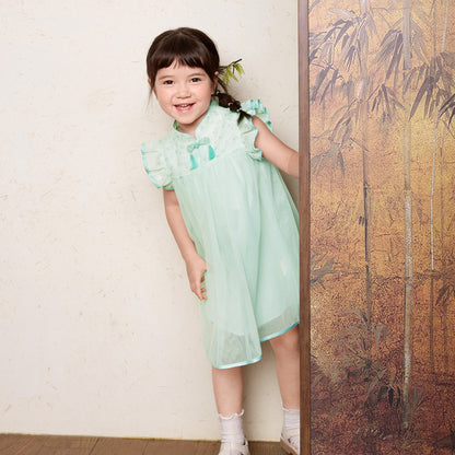 VLOVELAW Girls Dress Baby  Spring and Summer New Children's Mesh National Style Cheongsam and Dress Pure Cotton Princess Style