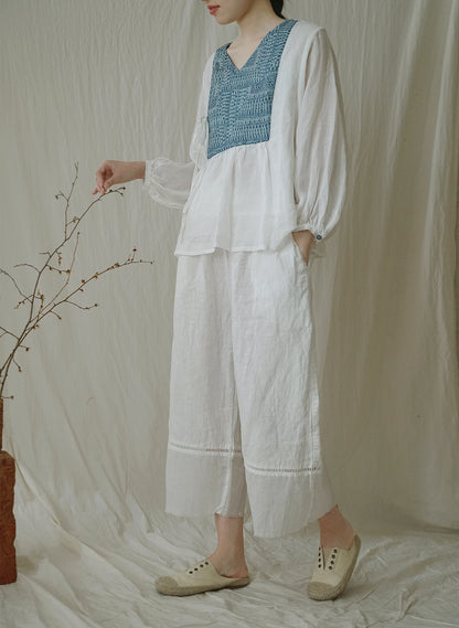 national style literary and artistic diagonal shirt contrasting ramie shirt, retro light Chinese pastoral lace-up top S22264