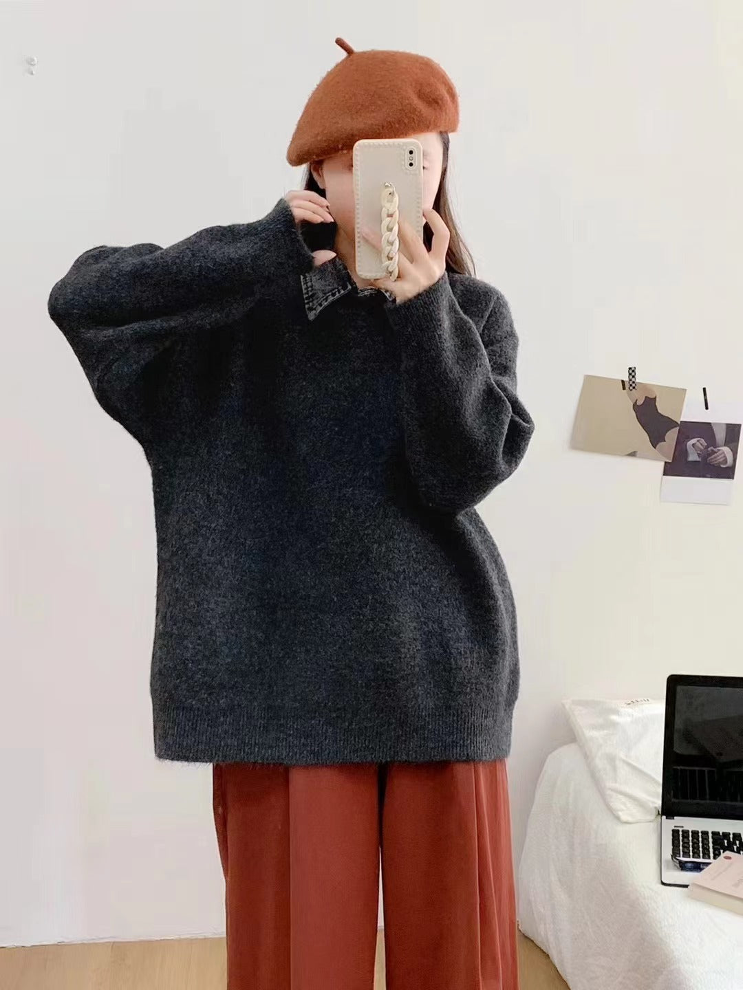 VLOVELAW Grey splicing denim collar fake two-piece sweater women's spring and autumn new versatile loose and thin pullover knitted sweater top
