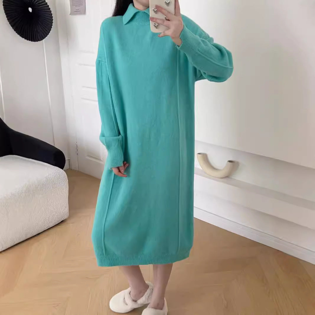 VLOVELAW Autumn and winter new polo collar pullover sweater bottoming skirt solid color long knee lazy loose knitted dress women