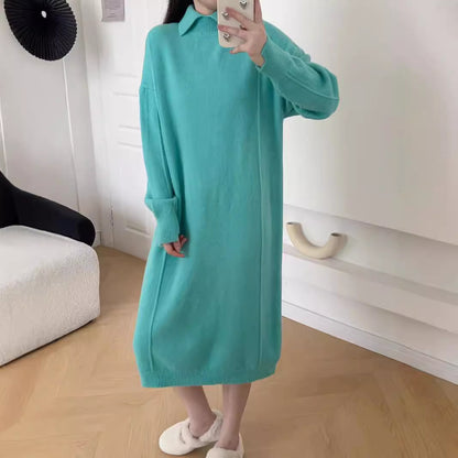 VLOVELAW Autumn and winter new polo collar pullover sweater bottoming skirt solid color long knee lazy loose knitted dress women
