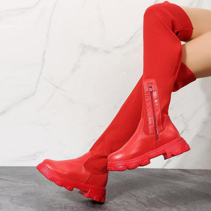 New  Winter 36-43 plus Size Boots Female HOT and NEW Cross Border Solid Color over the Knee round Head Flying Woven Elastic Long Socks