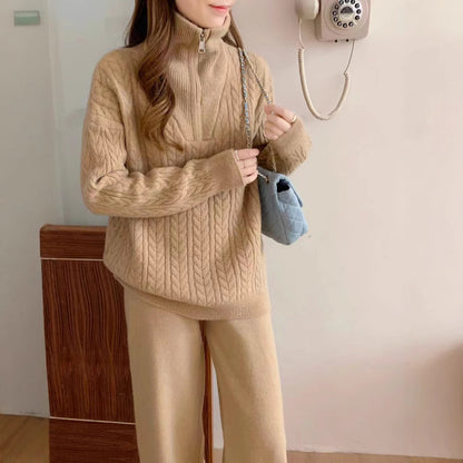 VLOVELAW Cross-border twist half-zipper lapel pullover sweater women's New autumn and winter new loose-knit casual pants two-piece set