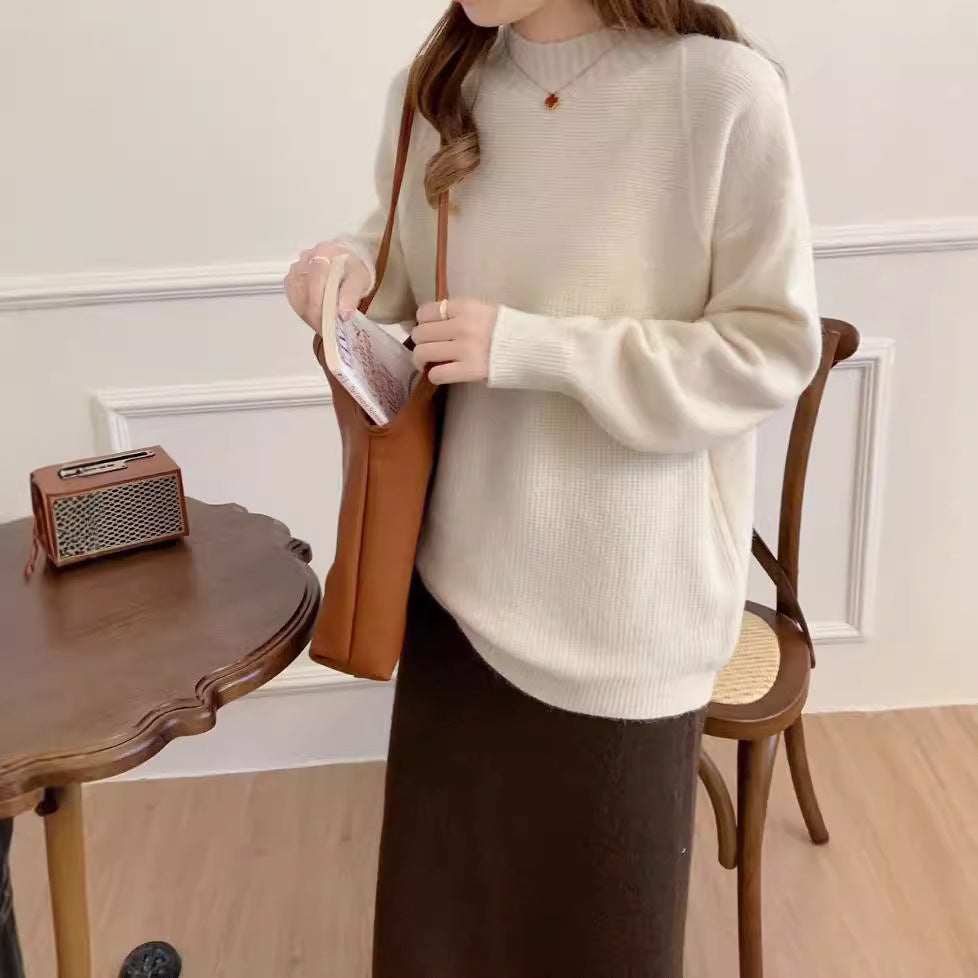 VLOVELAW Semi-turtleneck sweater women's autumn and winter New new loose retro lazy style solid color pullover soft waxy thickened knitted sweater