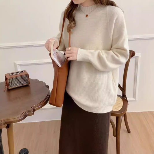 VLOVELAW Semi-turtleneck sweater women's autumn and winter New new loose retro lazy style solid color pullover soft waxy thickened knitted sweater