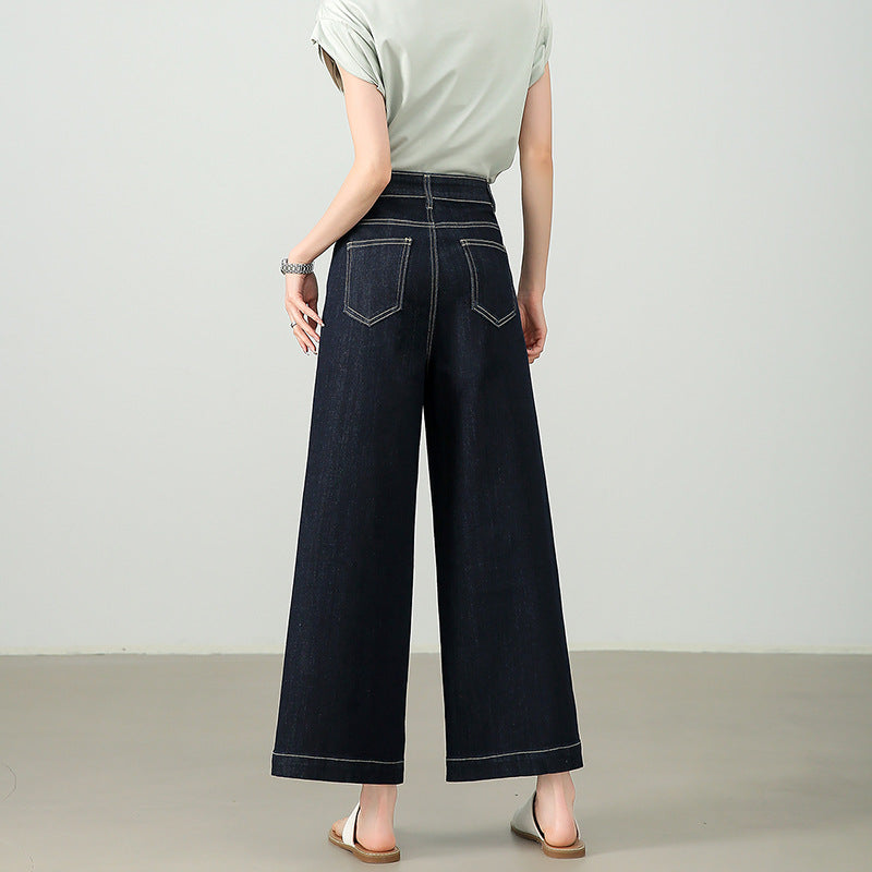 2025  Retro dark blue nine-point jeans women's summer and autumn new daily commuting style versatile high-waisted wide-leg Yamamoto pants