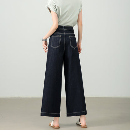 2025  Retro dark blue nine-point jeans women's summer and autumn new daily commuting style versatile high-waisted wide-leg Yamamoto pants