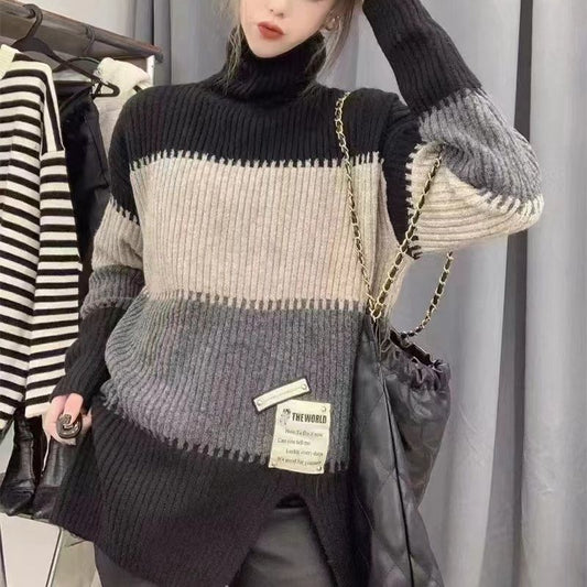VLOVELAW Real shot striped color matching turtleneck pit strip sweater women's autumn and winter new loose lazy thickened split bottom knitted sweater