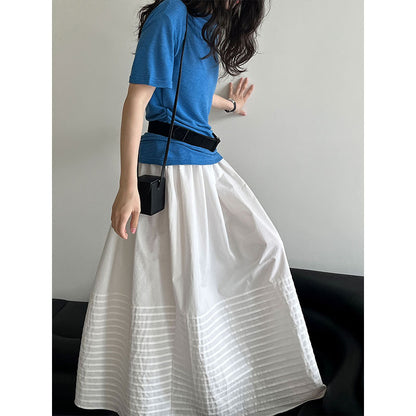 Luxi, Korean simple straight striped pleated skirt for women's summer new heavy industry high-waisted A-shaped umbrella skirt 3591
