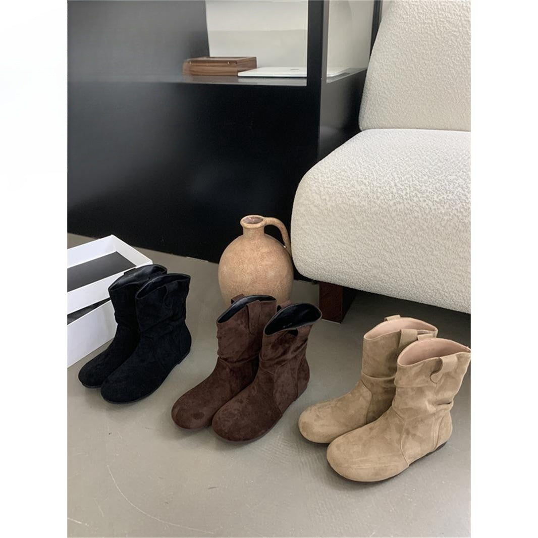Autumn popular new simple casual round head flat bottom single boots soft sole comfortable fashion boots suede sleeve short boots women