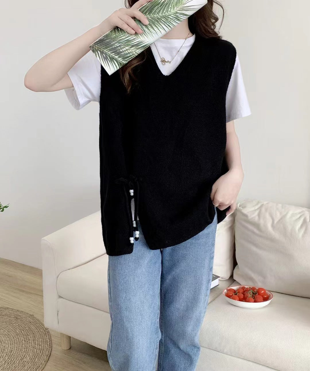 VLOVELAW Spring and Autumn New Sweater Women's Vest Knitted Vest Lazy V-Neck Loose Lace-up Cover Over Vest Wear Outside