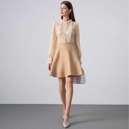 Lace shirt dress women popular autumn and winter socialite lady sweet temperament fake two A-shaped dress