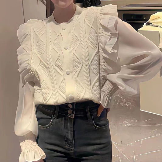 VLOVELAW mesh top splicing bubble sleeve knitted cardigan women's  spring new design sense age reduction gentle wind