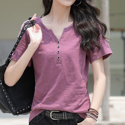 VLOVELAW [Real Price] a Large Number of in Stock Slub Cotton V-neck Buttons Short-Sleeved Women's Korean-Style Loose plus Size Cotton Top