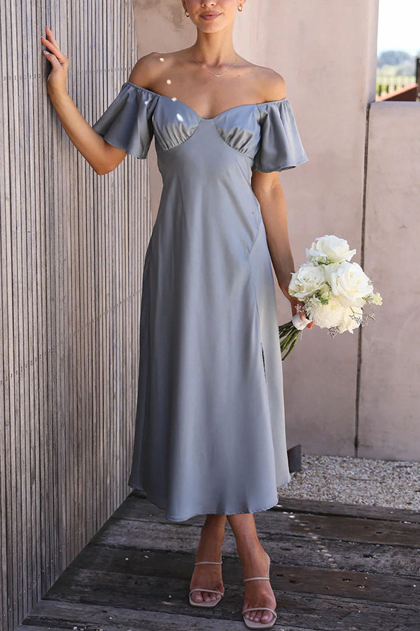 VLOVELAW Foreign Trade Cross-Border Independent Station  Casual Women's Clothing Solid Color Satin Short Sleeve Sexy off-Neck Pleated Dress