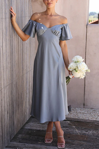 VLOVELAW Foreign Trade Cross-Border Independent Station  Casual Women's Clothing Solid Color Satin Short Sleeve Sexy off-Neck Pleated Dress