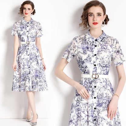 Medium and long shirt shirt skirt women's popular summer new retro lapel single-breasted printed lace-up dress