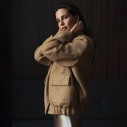KKBOXLY Cross-border gold silk bead jacket Europe and America New new INS new fashion sequined stand-up collar loose jacket