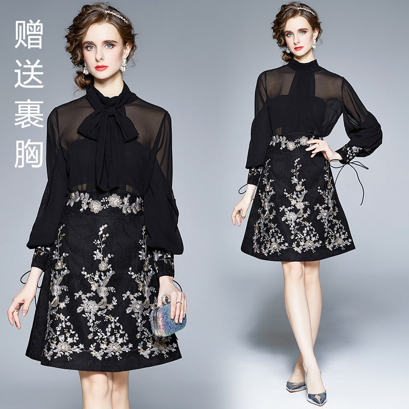 Muse Fan Heavy Industries Bow Stand-Up Collar Shirt Court Style Embroidery Sequins High Waist A-shaped Skirt Vintage Hong Kong Flavor Set
