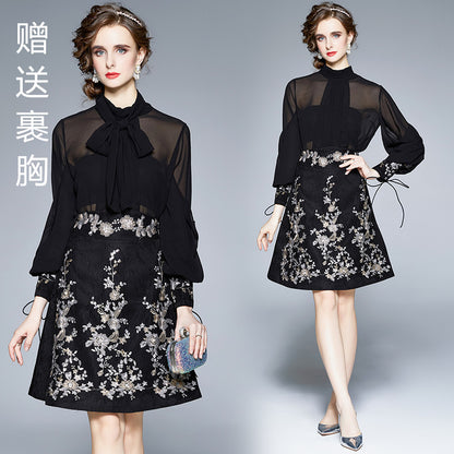Muse Fan Heavy Industries Bow Stand-Up Collar Shirt Court Style Embroidery Sequins High Waist A-shaped Skirt Vintage Hong Kong Flavor Set