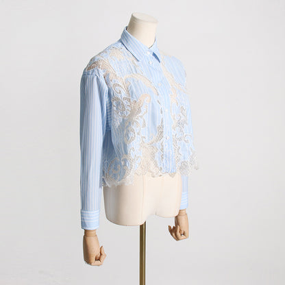 2025 Fashion temperament shirt women's spring  new lapel mesh splicing design sense hollow long-sleeved women's cardigan