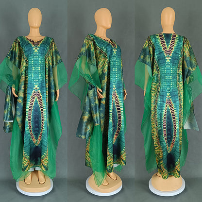 VLOVELAW Cross-Border European and American Women's Clothing African Middle East Ethnic Style Retro Long Gown Mesh Printed Tape Headscarf Dress 9004