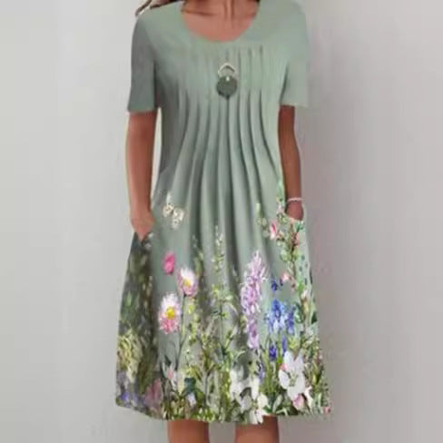 VLOVELAW Cross-Border Foreign Trade    Wish Spring/Summer Floral Print round Neck Pullover Mid-Length Dress Women