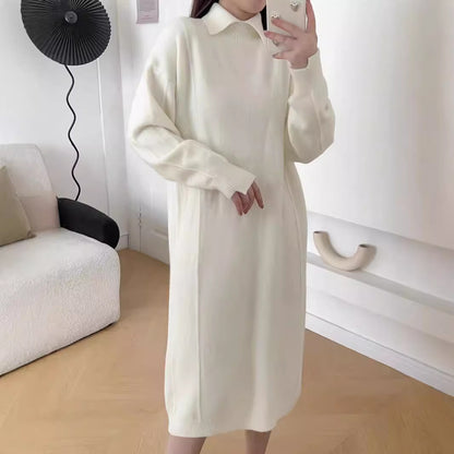 VLOVELAW Autumn and winter new polo collar pullover sweater bottoming skirt solid color long knee lazy loose knitted dress women