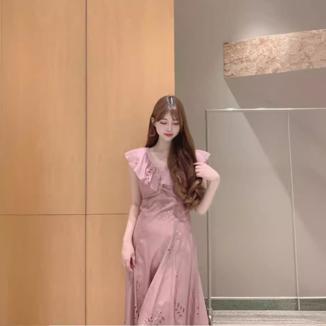 VLOVELAW [Golden Girl] S's 24 New Japanese Style V-neck Flounce Flying Sleeve Hollow Embroidery Dress 24039#