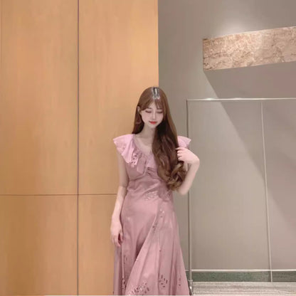 VLOVELAW [Golden Girl] S's 24 New Japanese Style V-neck Flounce Flying Sleeve Hollow Embroidery Dress 24039#