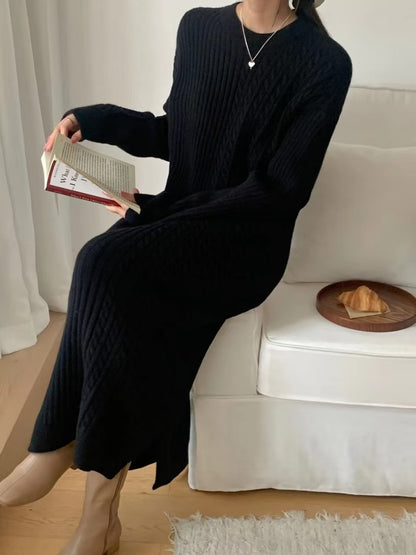 VLOVELAW retro crew neck twist knitted dress women's autumn and winter loose with coat sweater skirt with bottom long dress