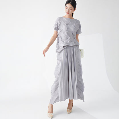 2025 Hot-selling women's suit summer two-piece set high-end irregular casual T-shirt short-sleeved top versatile skirt
