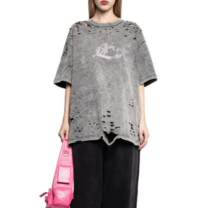 n new trendy high street round neck hot diamond washed old ripped T-shirt versatile short sleeve loose metal top