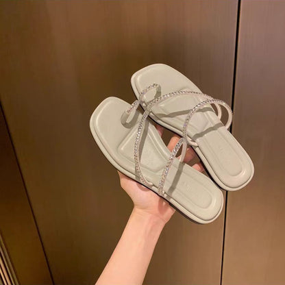 VLOVELAW  Sheepskin Version ~ Grape Mom Same Style Sparkling Rhinestones Toe Covering Exquisite Fairy Style Flat Sandals Women's Half Slippers Summer 2025