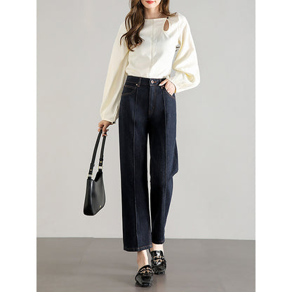 2025  2025 niche high-quality light and drape jeans women's high waist and thin loose and micro-elastic comfortable wide-leg nine-point pants