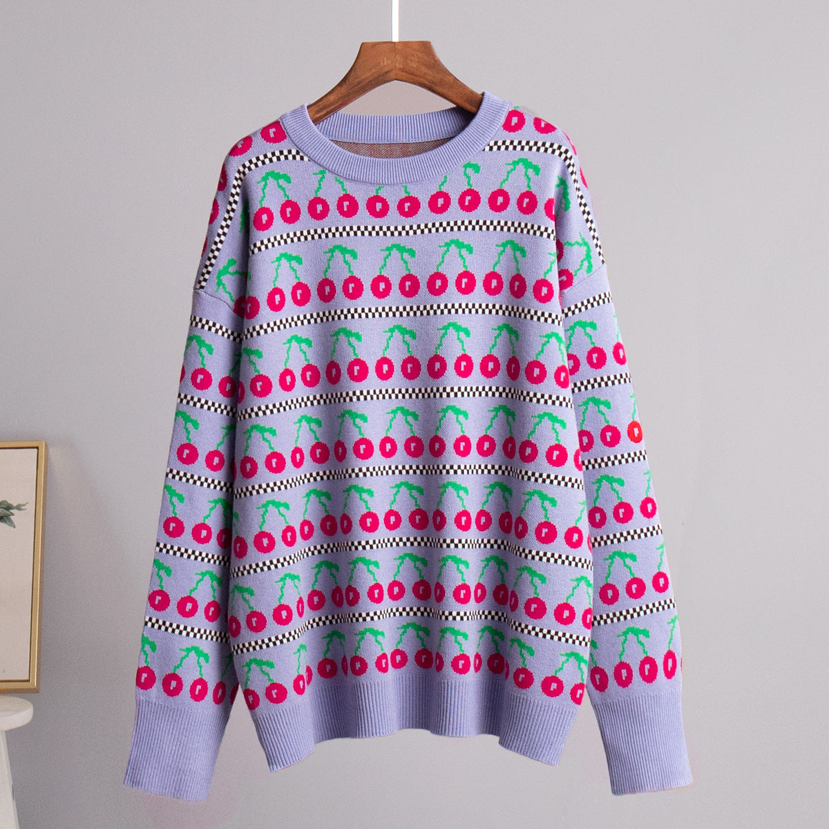 KKBOXLY Cross-border crew neck cherry sweater 2025 New autumn new medium and long retro knitted cherry crew neck sweater