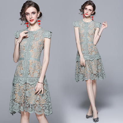 summer new women's clothing heavy industry lace irregular fan skirt flying sleeves heart machine slim dress