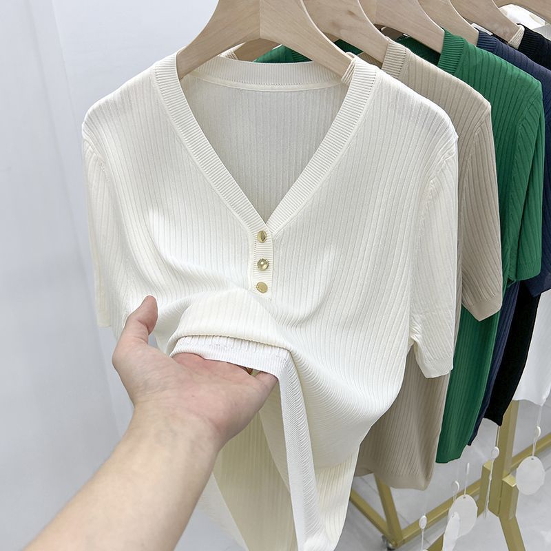 VLOVELAW 100.00kg Wearable Summer plus Size Ice Silk Top Popular Slimming Short-Sleeved T-shirt for Women Loose Belly-Covering V-neck Sweater