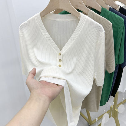 VLOVELAW 100.00kg Wearable Summer plus Size Ice Silk Top Popular Slimming Short-Sleeved T-shirt for Women Loose Belly-Covering V-neck Sweater