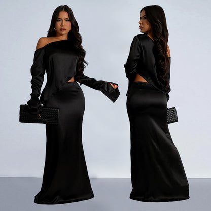 2025 C7120    Popular and  Fashion Women's Clothing Solid Color Slant Shoulder Long Sleeve Fishtail Skirt Set New