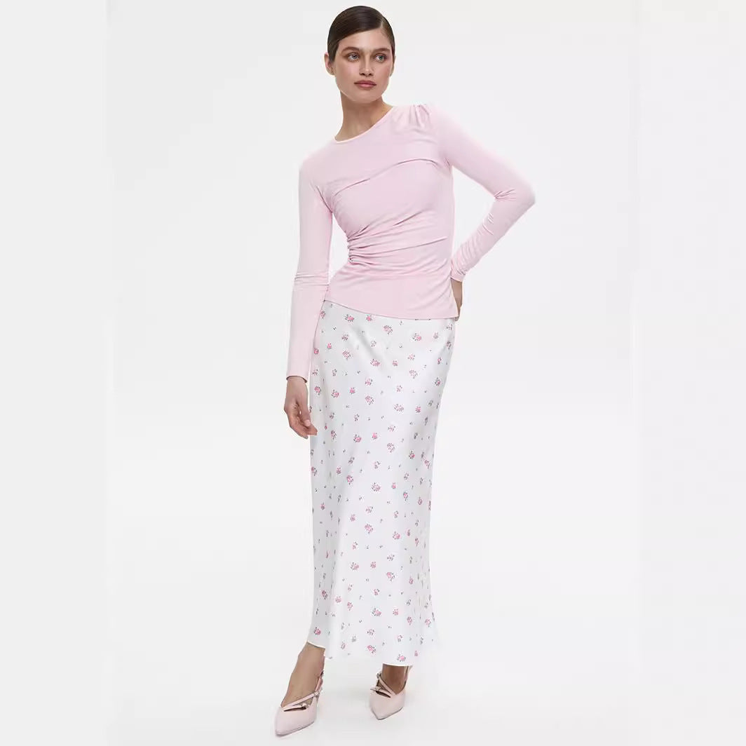 KKBOXLY Cross-border printed skirt Europe, America New spring and summer new temperament floral satin printing drape high waist skirt