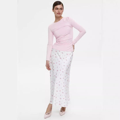 KKBOXLY Cross-border printed skirt Europe, America New spring and summer new temperament floral satin printing drape high waist skirt