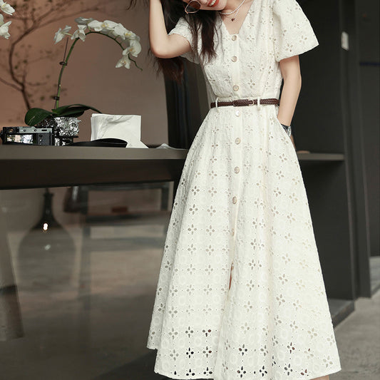2025 Design Sense Heavy Industry Embroidery Dress White Hollow Embroidery Skirt Temperament Pure Cotton Long Dress  Summer Women's Clothing