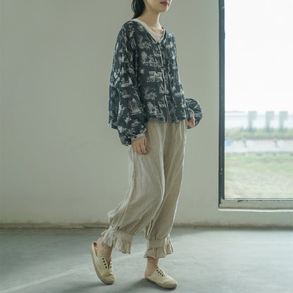 retro pair ramie printed shirt, casual age-reducing lantern sleeve cardigan sunshade S22207