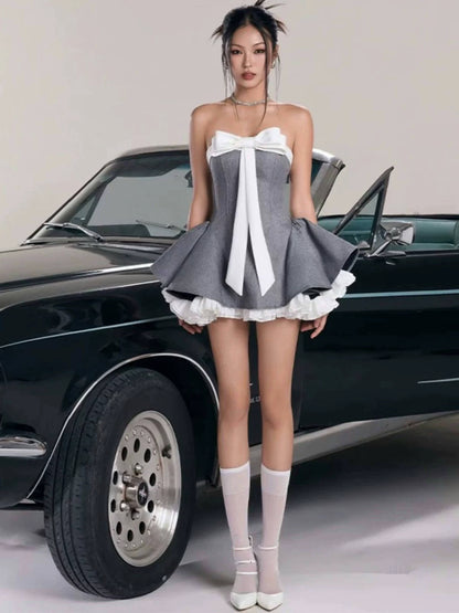 Pure desire Kochi imperial sister celebrity temperament bow streamer Vietnamese niche tube top dress anti-light puffy skirt
