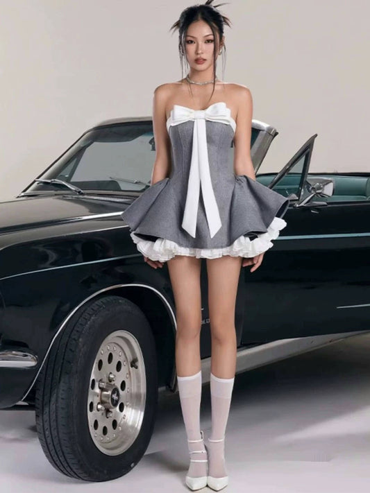Pure desire Kochi imperial sister celebrity temperament bow streamer Vietnamese niche tube top dress anti-light puffy skirt