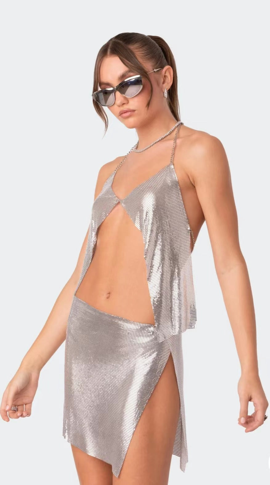 2025  120119 2025 hot-selling vest sequined rhinestone inlaid diamond cloth metal chain hanging neck chest top vest skirt