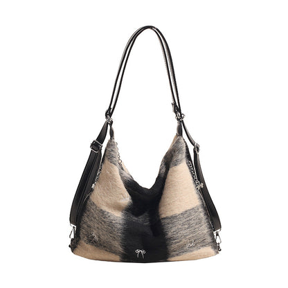 VLOVELAW 2025 Contrasting color woolen backpack Korean version ins trendy fashion casual tote bag popular niche high-end shoulder women's bag